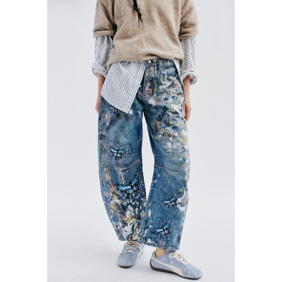 We The Free Good Luck Barrel Illusions Jeans Butterfly Paint Splatter 33 NWT - Picture 6 of 10